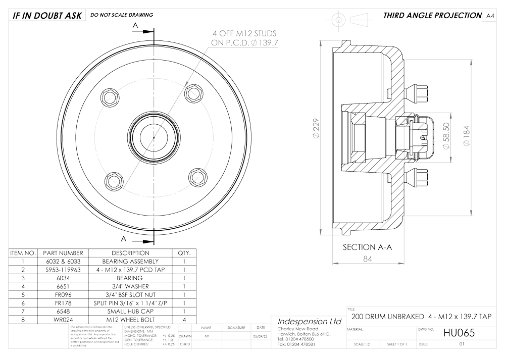 Unbraked Roller Hub For 1500kg Axle Capacity, 4 Stud Image 20